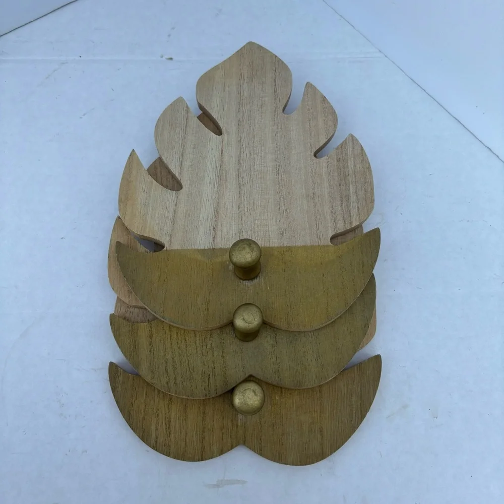 3 Composite wood leaf shaped coat peg hook hanger 2 tone earth tones Like new
